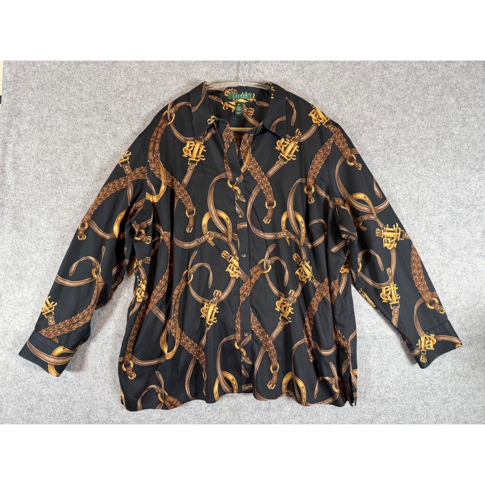 Lauren Ralph Lauren Shirt Womens 3X Black Good Vintage Equestrian Print Blouse